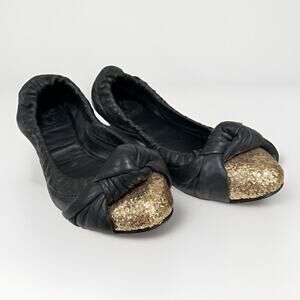 TORY BURCH KATIE BLACK LEATHER GOLD GLITTER TOES BALLET FLATS,Size 7 M EUC